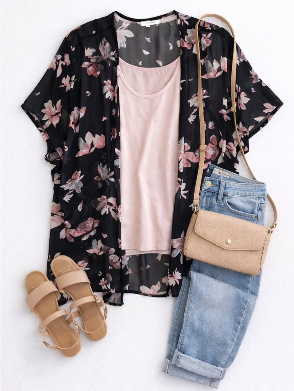 Maurices Black Floral Sheer Kimono with Blush Pink Tank